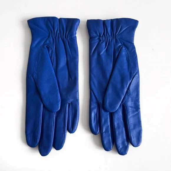 NEW 80s 90s Vintage Leather Gloves Cobalt Blue 7.5 S/M - Picture 2 of 3